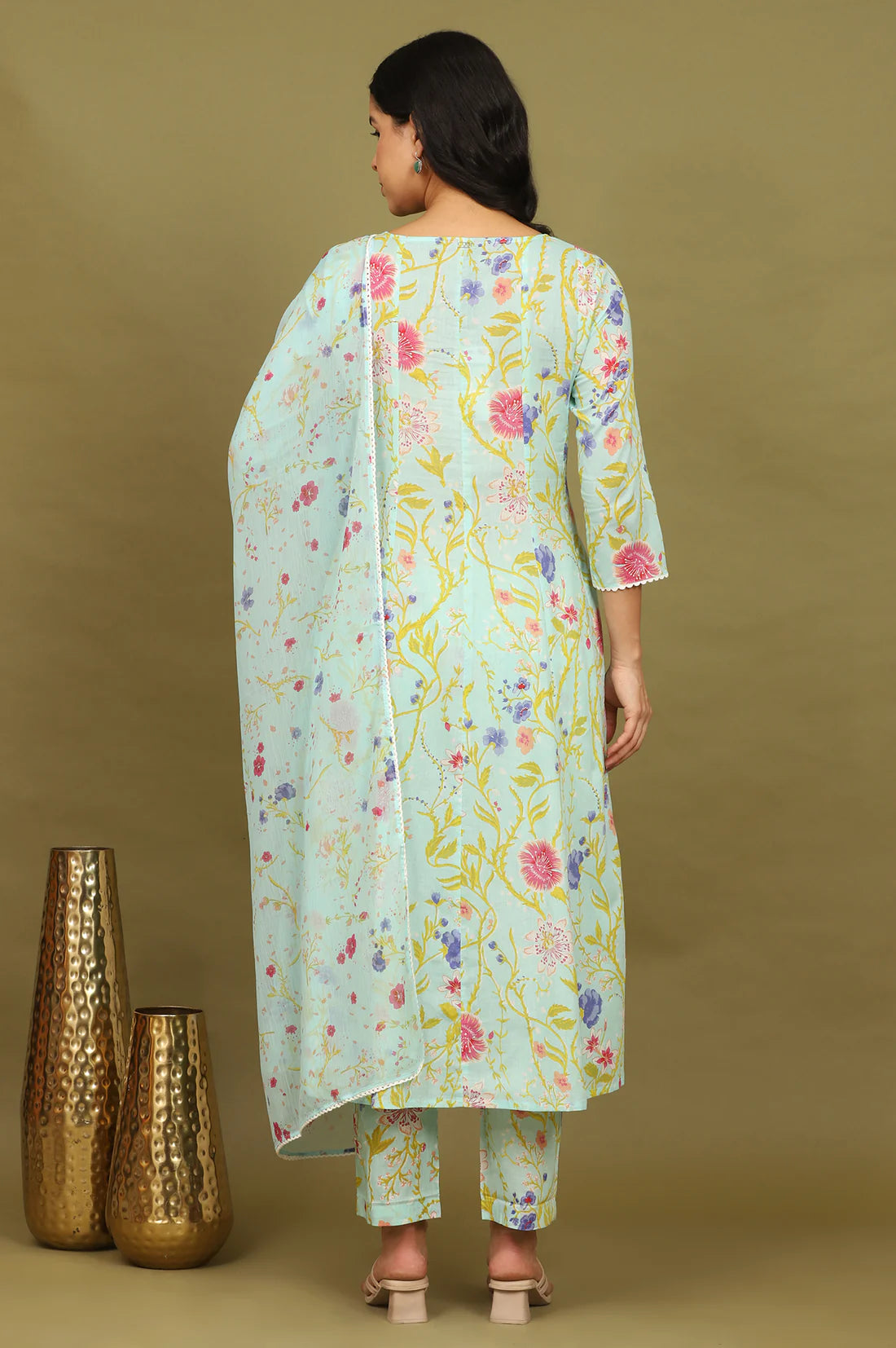 Trendy Light Turquoise Blue Cotton Flared Kurta and Pants Set with Matching Dupatta and Delicate Floral Prints for Women