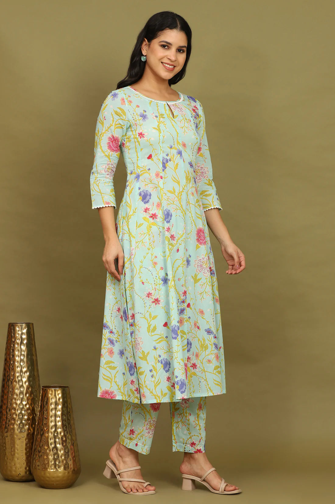 Trendy Light Turquoise Blue Cotton Flared Kurta and Pants Set with Matching Dupatta and Delicate Floral Prints for Women