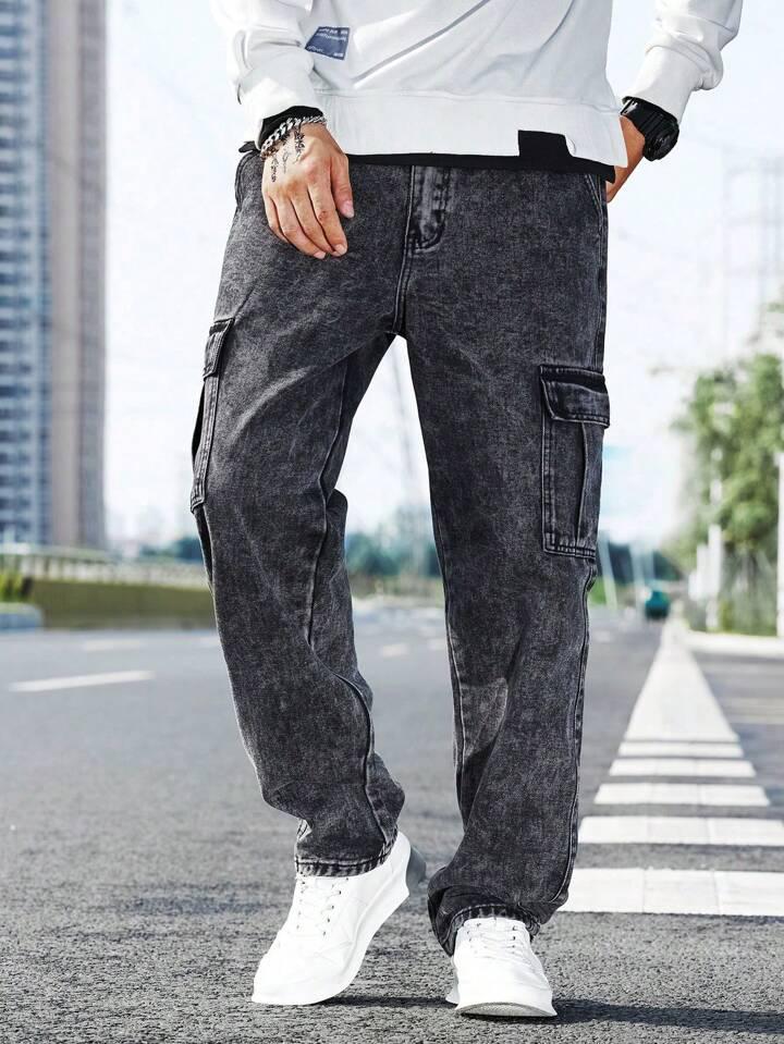 Men’s Wide-Leg Denim Cargo Jeans in Charcoal Black with 6 Pockets and Mid-Rise Comfort