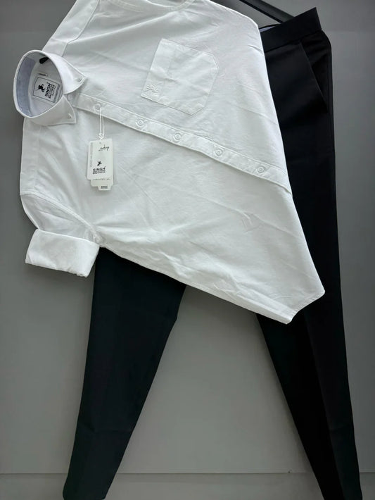 Elegant White Cotton Oxford Shirt with Black Formal Pant for Business and Casual Occasions