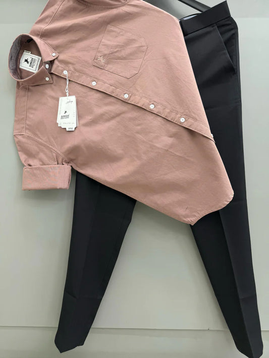 Classic Dusty Rose Cotton Oxford Shirt with Black Formal Pants for Work and Office Wear