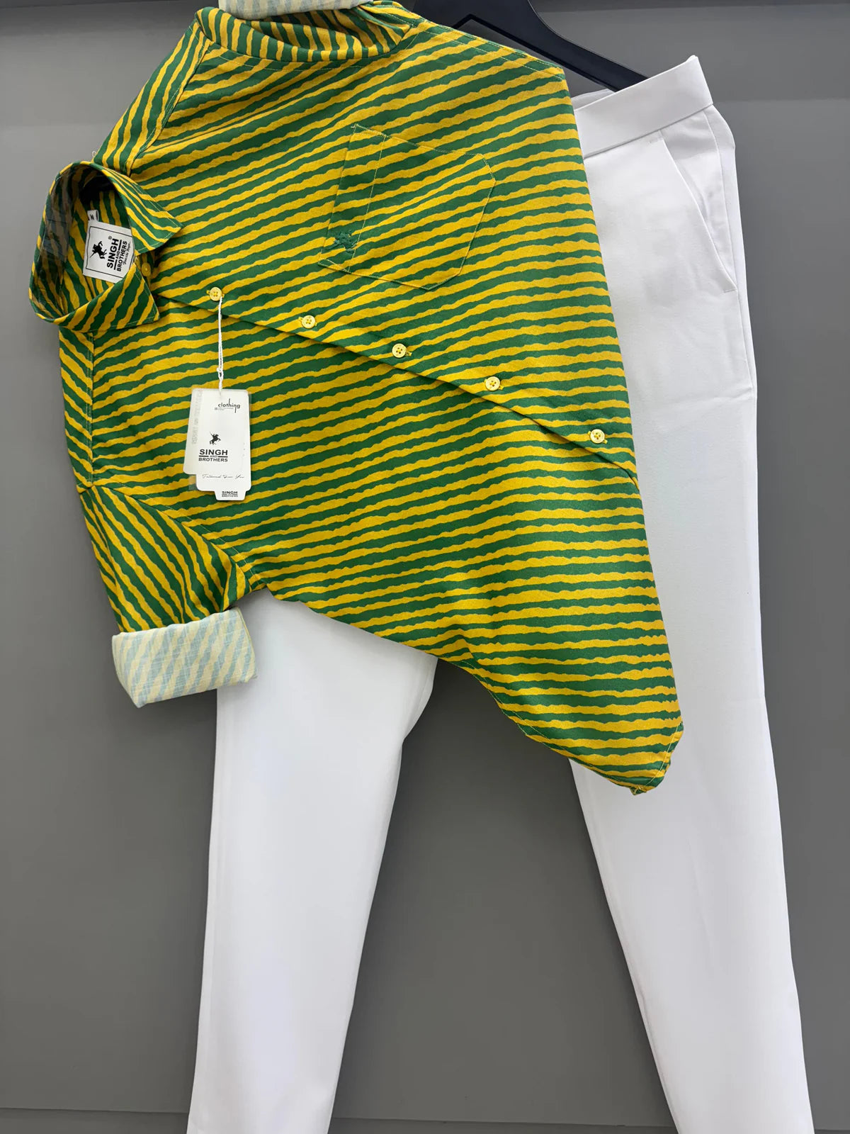 Stylish Men’s Green and Yellow Striped Shirt with White Formal Pant Perfect for Office and Casual Wear