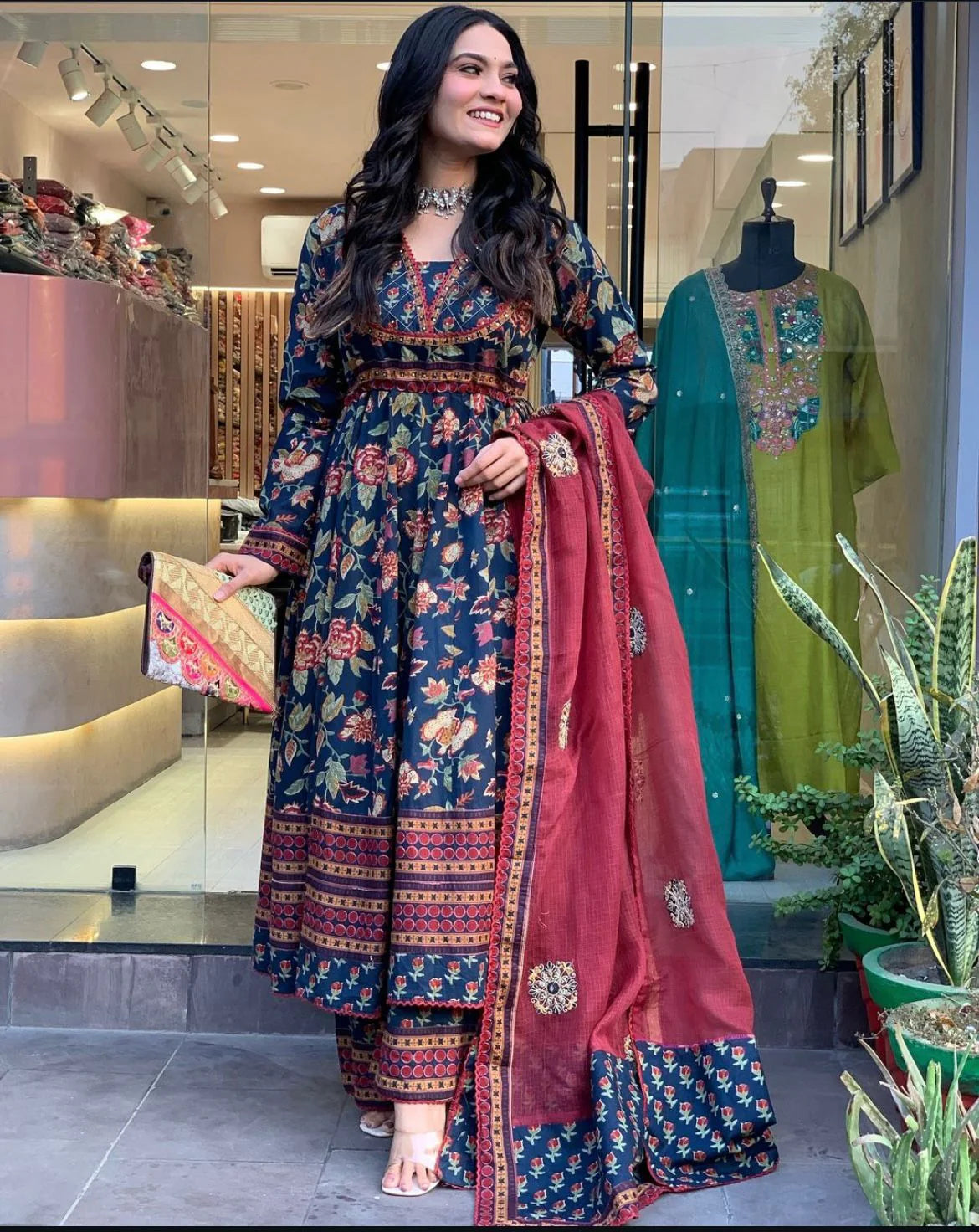 Women’s Stylish Printed Cotton Kurta Set with Pant and Dupatta Detailed with Sequins and Crochet Lace