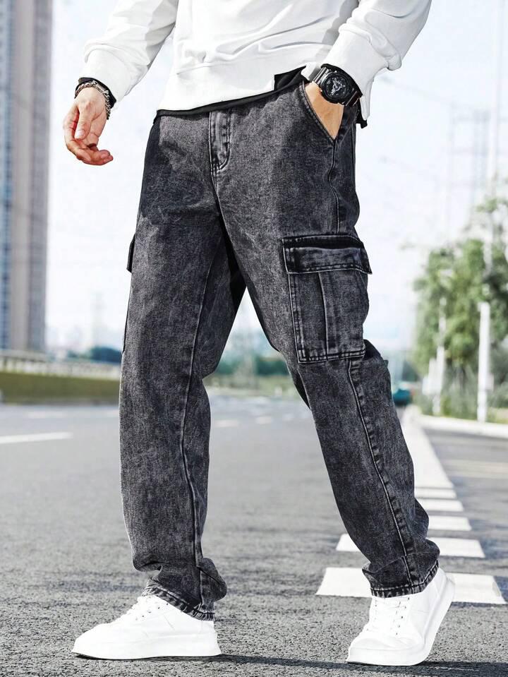 Men’s Wide-Leg Denim Cargo Jeans in Charcoal Black with 6 Pockets and Mid-Rise Comfort