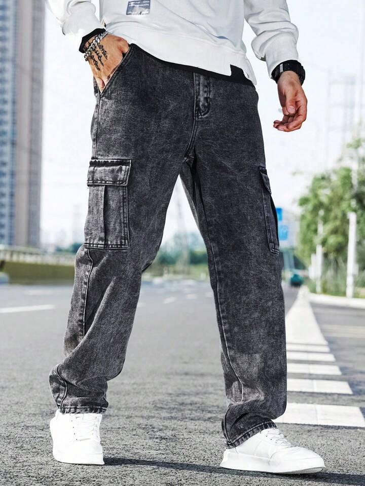 Men’s Wide-Leg Denim Cargo Jeans in Charcoal Black with 6 Pockets and Mid-Rise Comfort