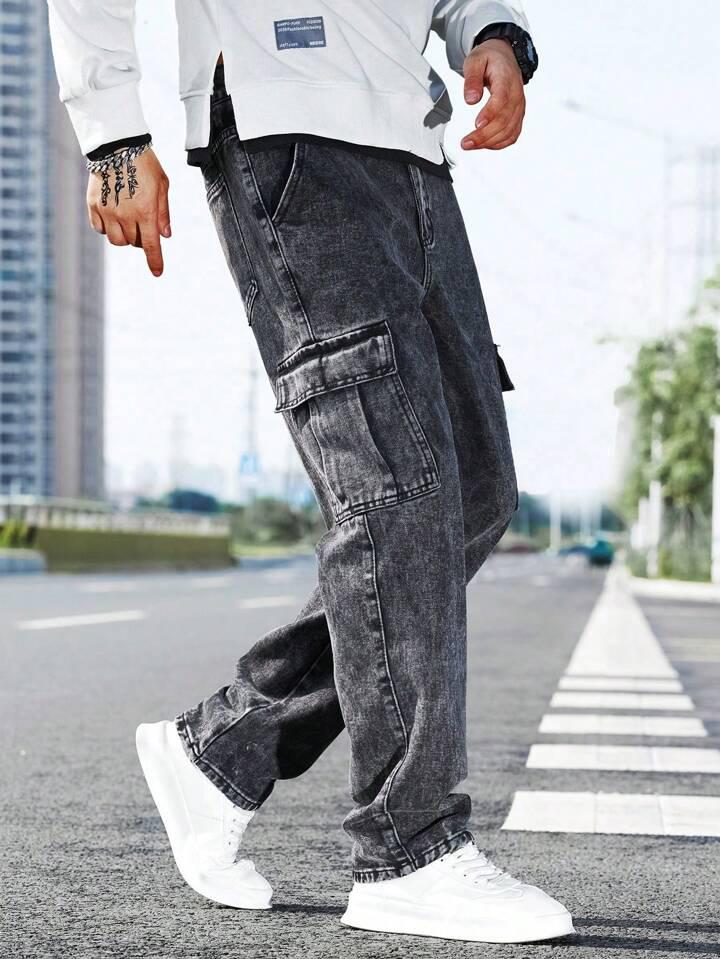 Men’s Wide-Leg Denim Cargo Jeans in Charcoal Black with 6 Pockets and Mid-Rise Comfort