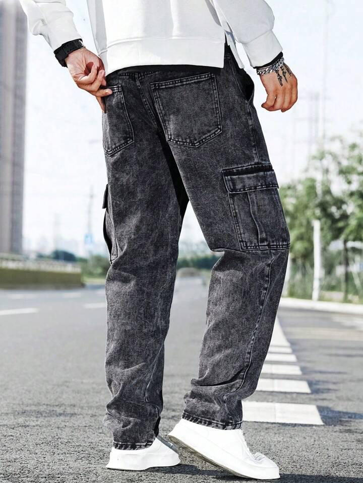 Men’s Wide-Leg Denim Cargo Jeans in Charcoal Black with 6 Pockets and Mid-Rise Comfort