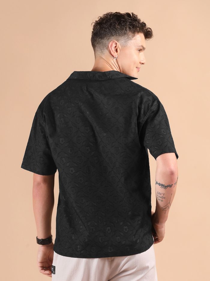 Black Jacquard Cutwork Cuban Collar Shirt for Men Smart Casual Look