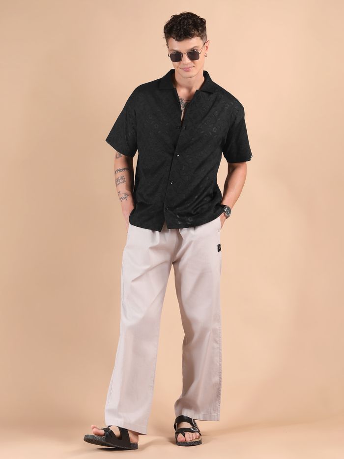 Black Jacquard Cutwork Cuban Collar Shirt for Men Smart Casual Look