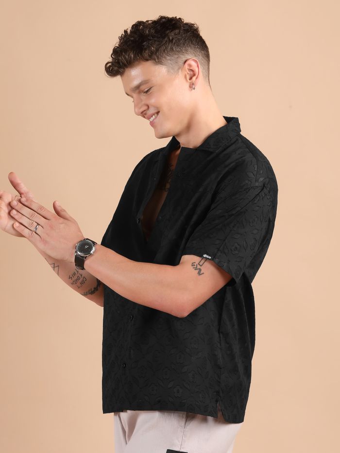 Black Jacquard Cutwork Cuban Collar Shirt for Men Smart Casual Look