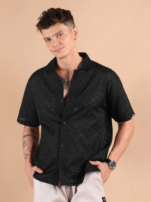 Black Jacquard Cutwork Cuban Collar Shirt for Men Smart Casual Look