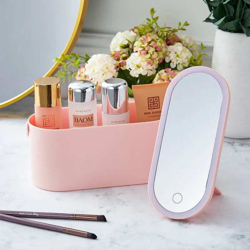 Cosmetic Organizer with Detachable LED Mirror Portable Makeup Case
