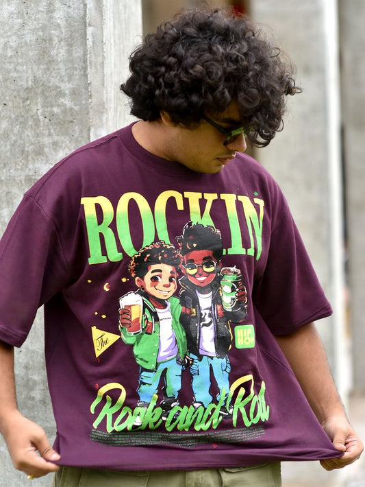 Men’s Oversized Dark Purple T-Shirt with Rock and Roll Graphic