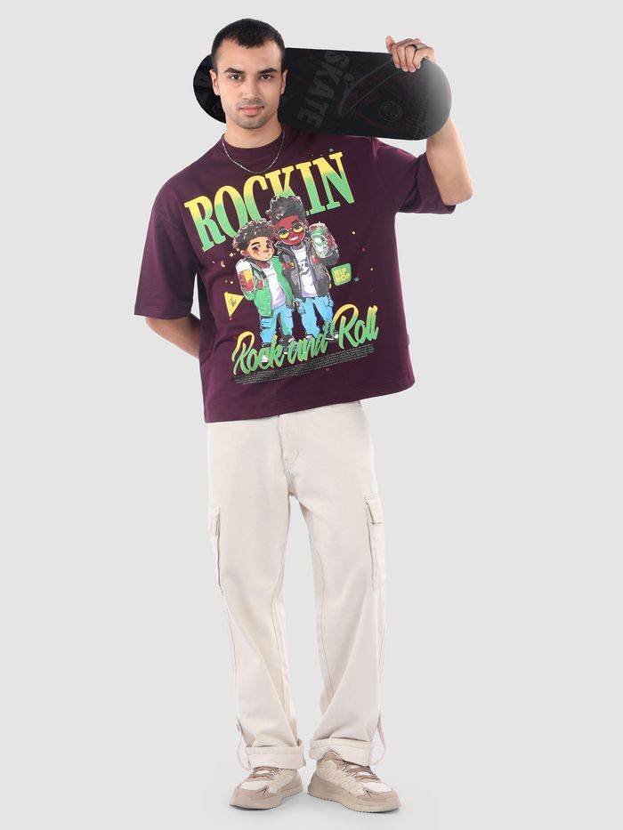 Men’s Oversized Dark Purple T-Shirt with Rock and Roll Graphic