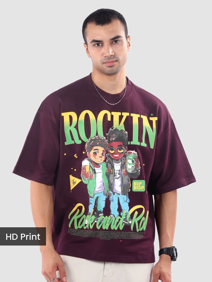 Men’s Oversized Dark Purple T-Shirt with Rock and Roll Graphic