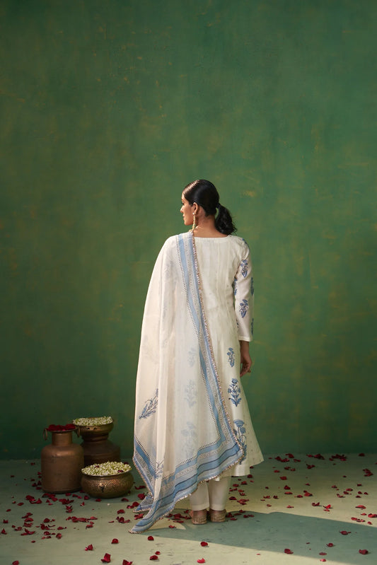 Elegant Women’s Anarkali Set in Off White with Handblock Prints for Festive and Evening Wear