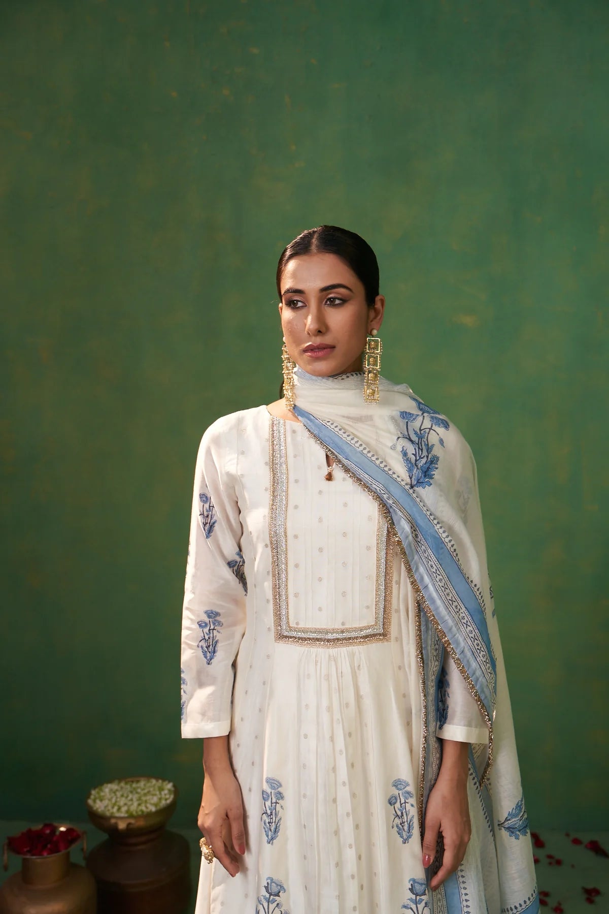 Elegant Women’s Anarkali Set in Off White with Handblock Prints for Festive and Evening Wear