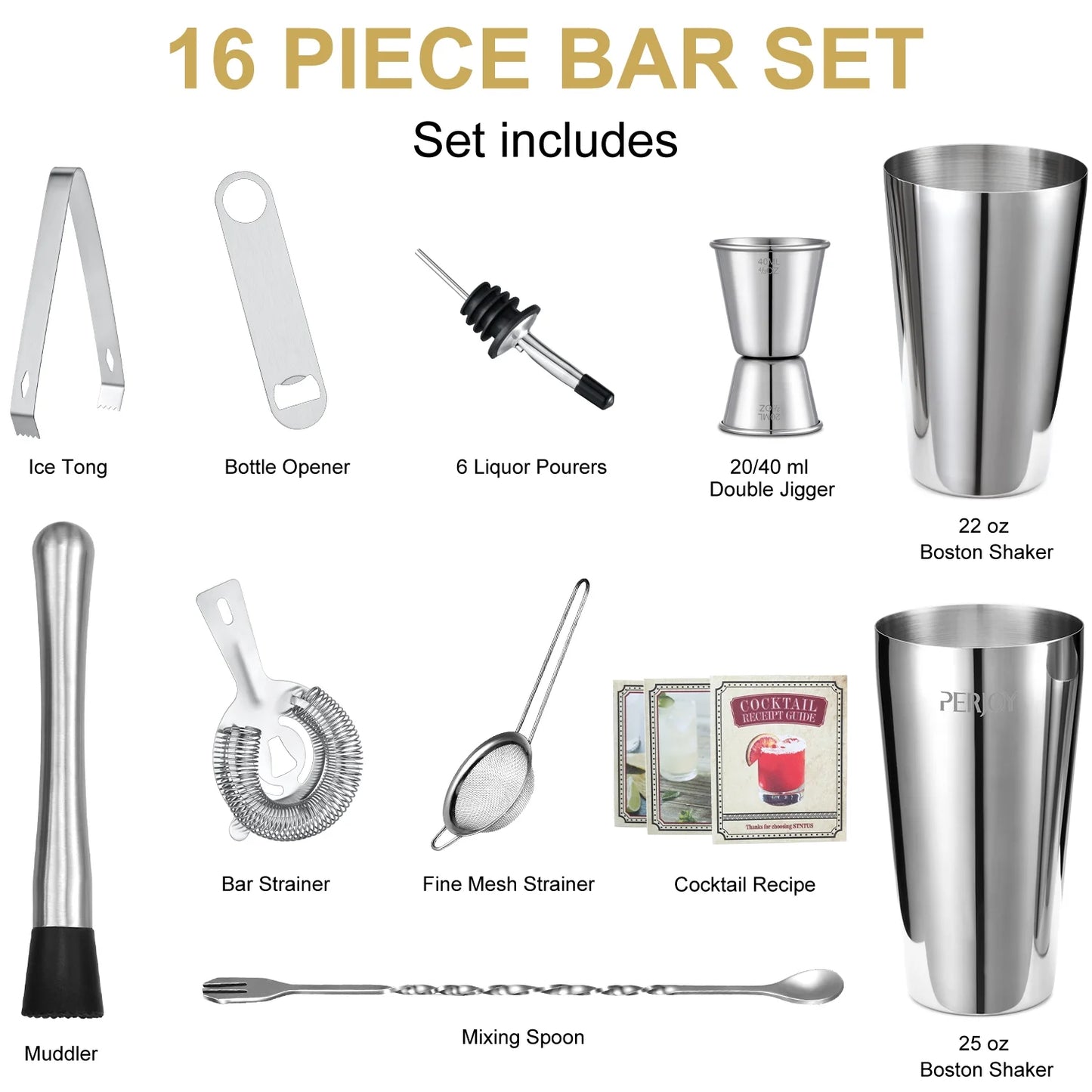 16 Piece Cocktail Shaker Set Full Bar Tools for Home and Parties