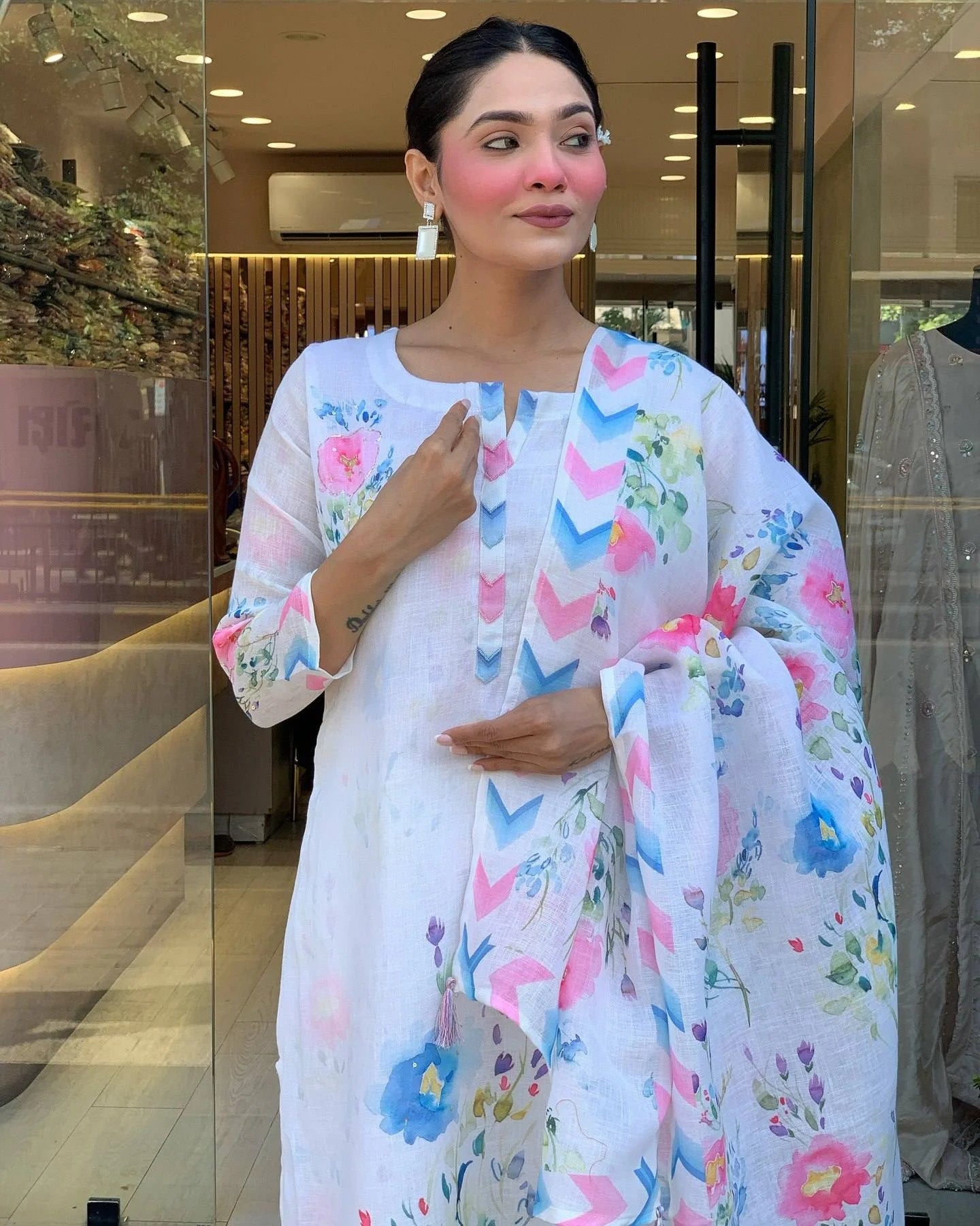 Elegant White Linen Kurti Set with Intricate Embroidery for Women’s Special Occasions and Gift Purpose