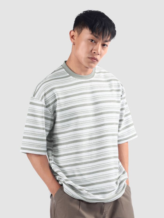 Men’s Relaxed Fit Grey Stripe Textured Oversized T-Shirt for Summer & Travel