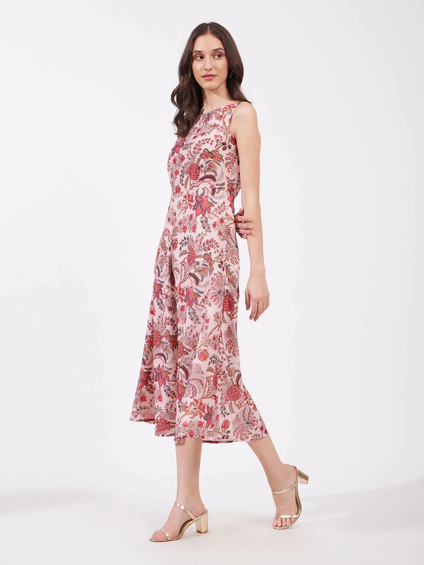 Modern Red Chanderi Floral Boat Neck Dress for Party and Casual Wear