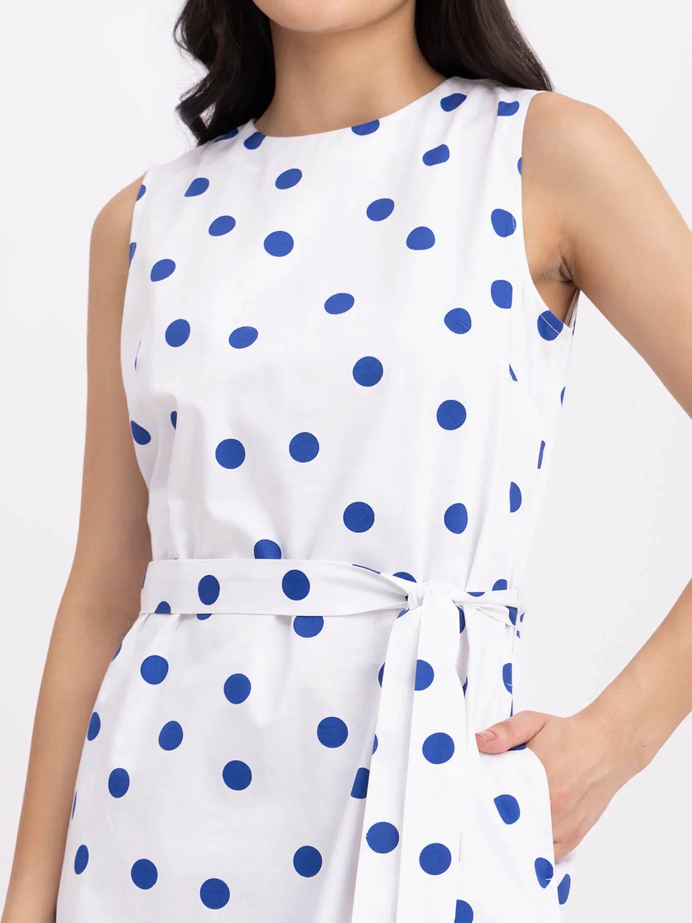 Flowy Cotton Polka Dot Dress in White and Blue for Everyday Wear