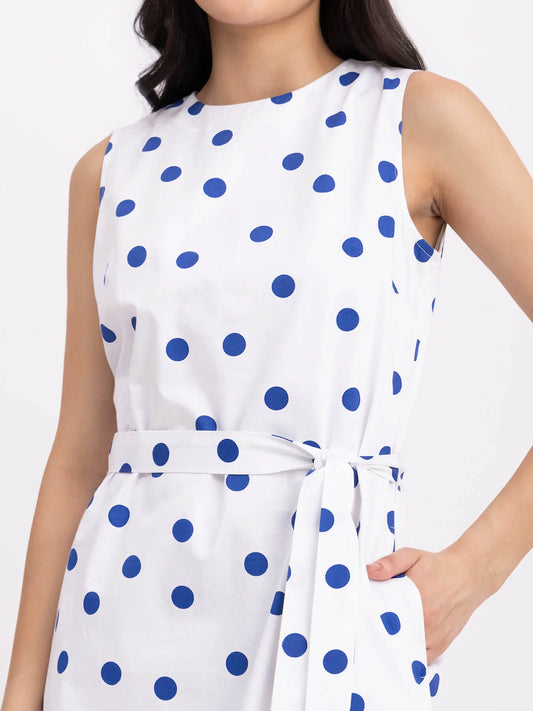 Flowy Cotton Polka Dot Dress in White and Blue for Everyday Wear