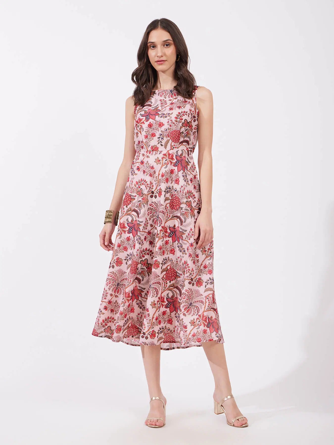 Modern Red Chanderi Floral Boat Neck Dress for Party and Casual Wear