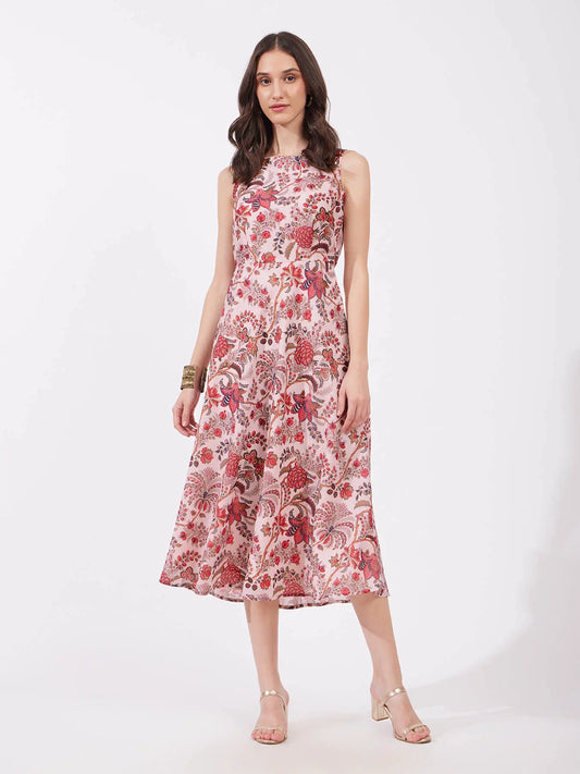 Modern Red Chanderi Floral Boat Neck Dress for Party and Casual Wear