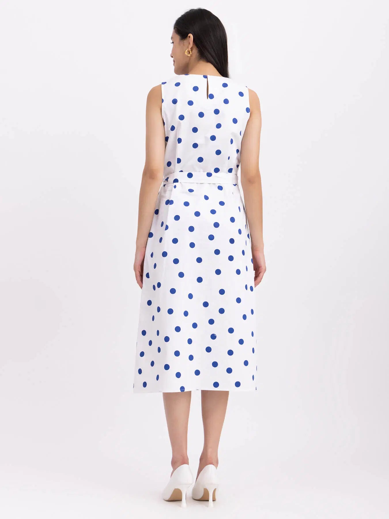 Flowy Cotton Polka Dot Dress in White and Blue for Everyday Wear