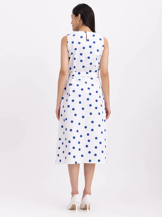Flowy Cotton Polka Dot Dress in White and Blue for Everyday Wear