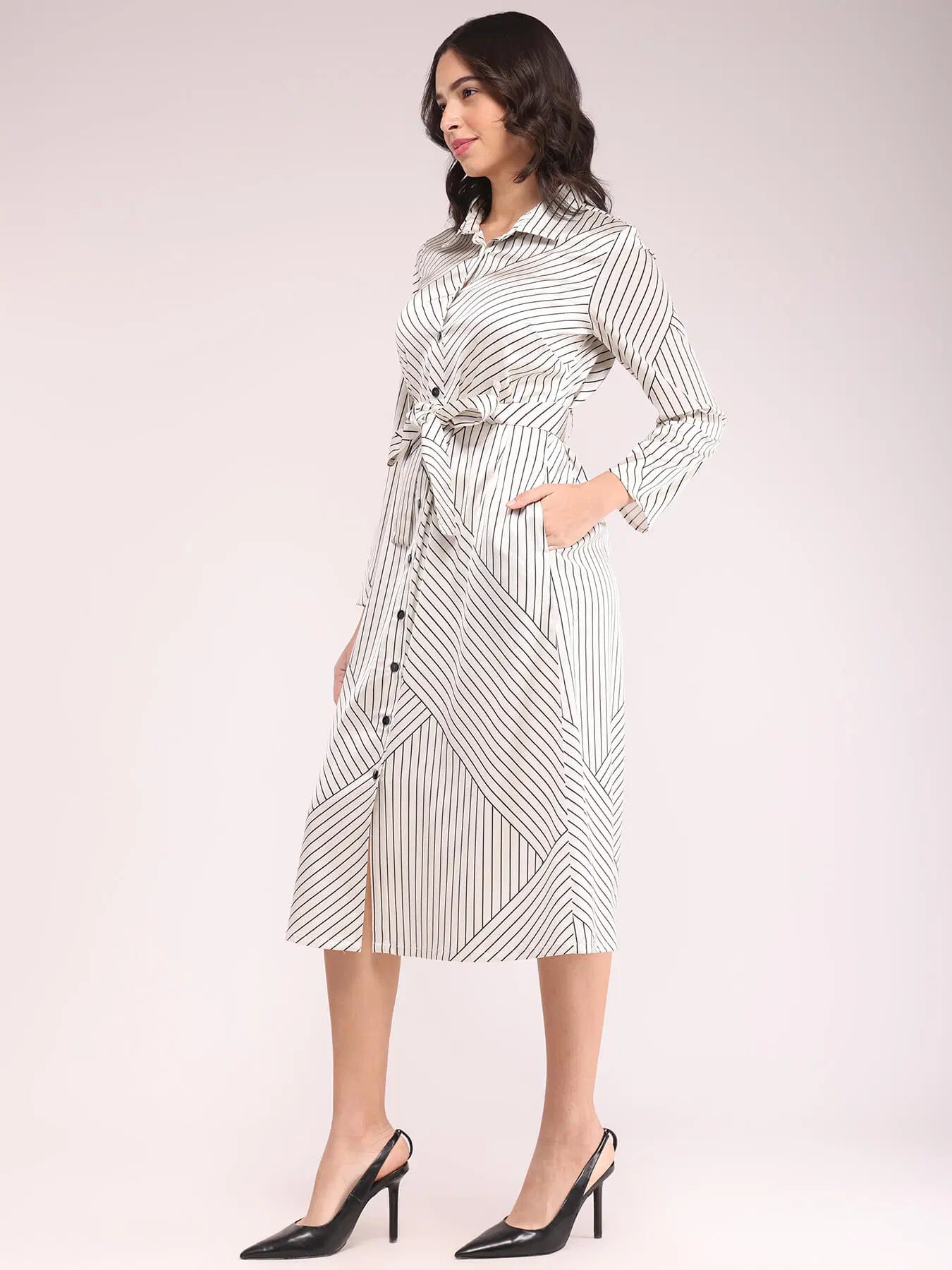 Versatile Ecru and Black Button Down Shirt Dress for Daily Wear