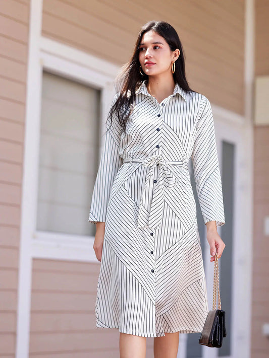 Versatile Ecru and Black Button Down Shirt Dress for Daily Wear