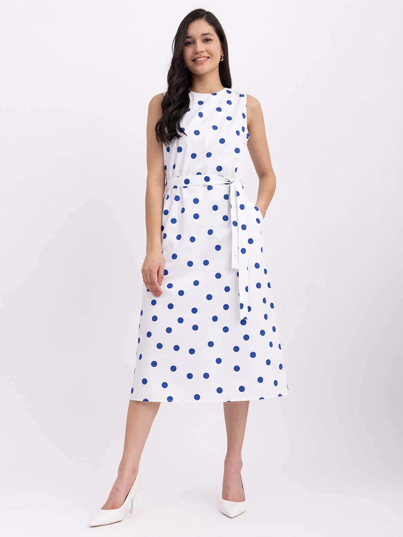 Flowy Cotton Polka Dot Dress in White and Blue for Everyday Wear
