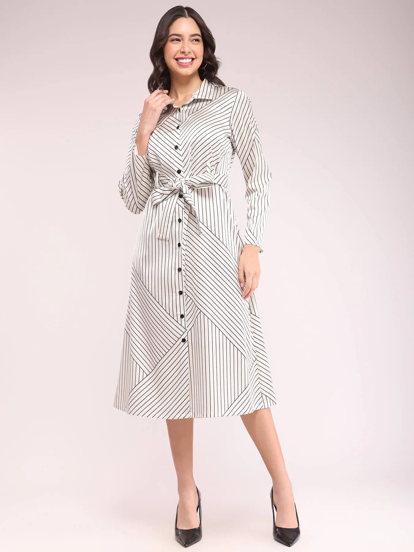 Versatile Ecru and Black Button Down Shirt Dress for Daily Wear