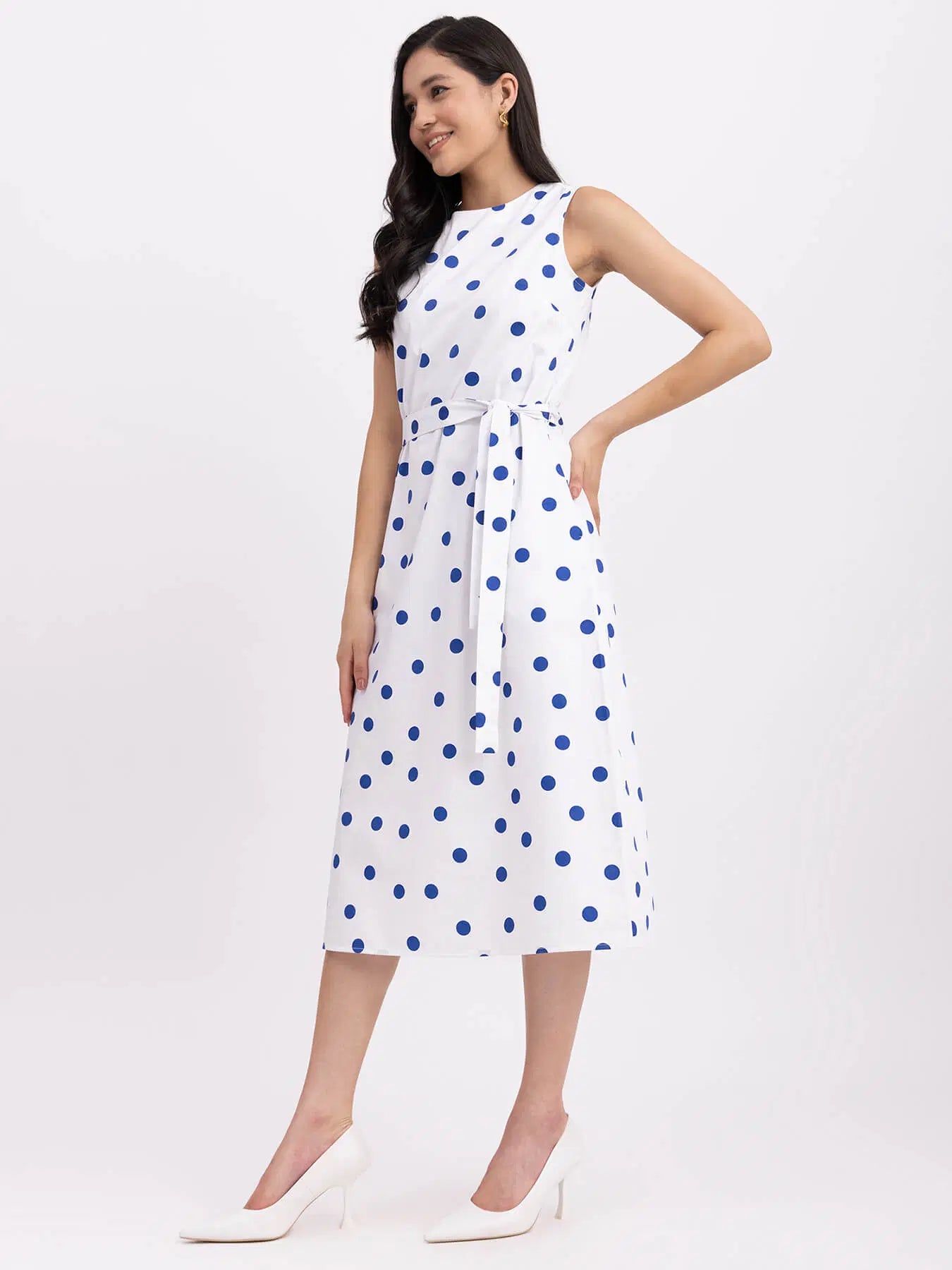 Flowy Cotton Polka Dot Dress in White and Blue for Everyday Wear