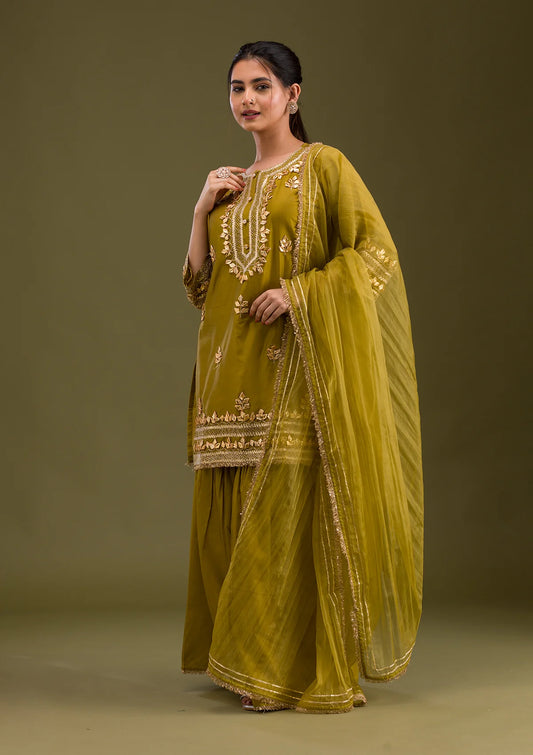 Stylish Mehendi Semi Crepe Zariwork Salwar Suit for Occasions