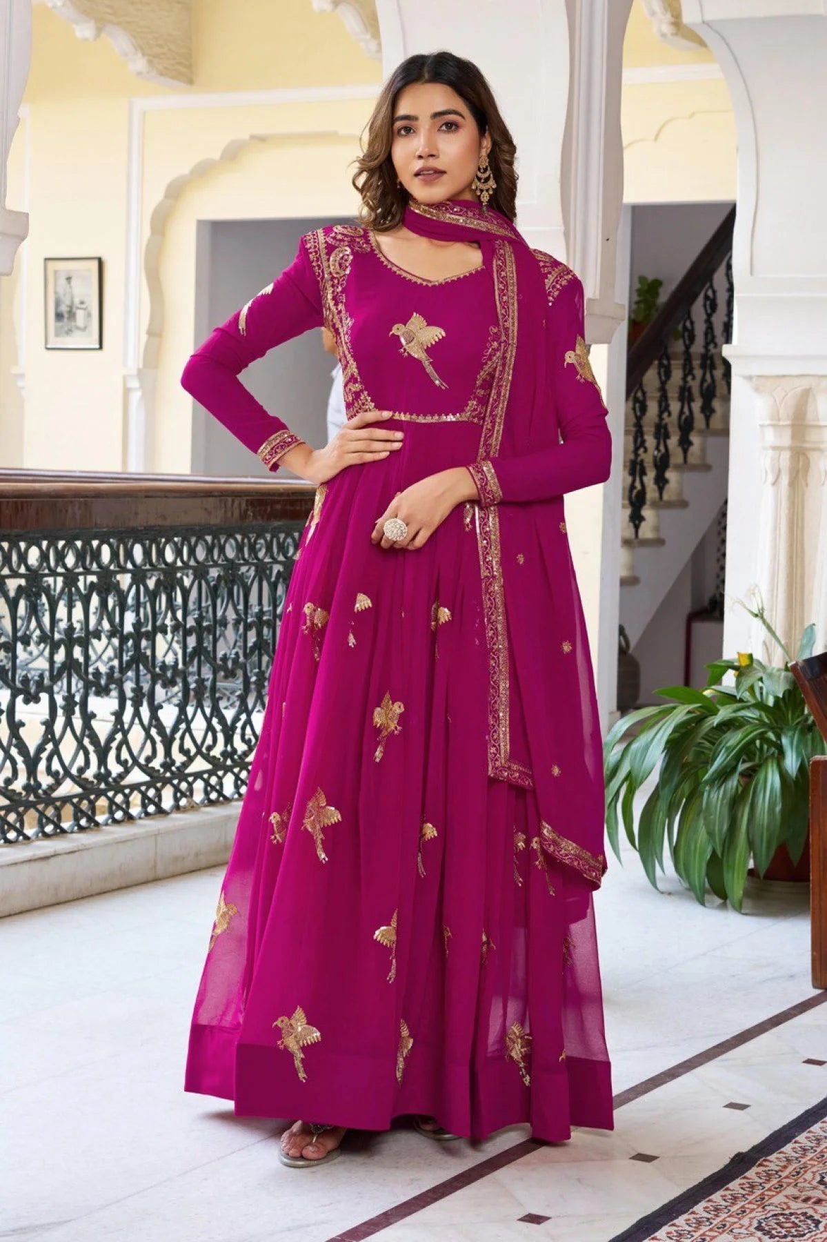 Sophisticated Magenta Embroidered Anarkali Gown Set with Dupatta for Women for Weddings and Receptions