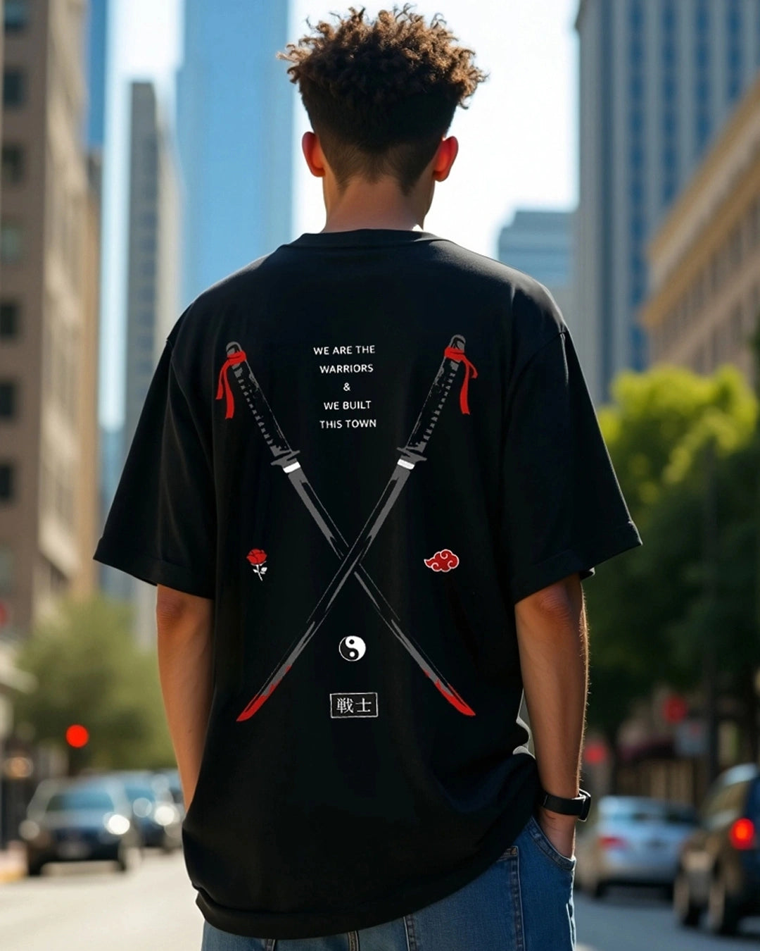 Loose Fit Men’s Oversized T-Shirt Black Warriors Graphic Soft and Breathable