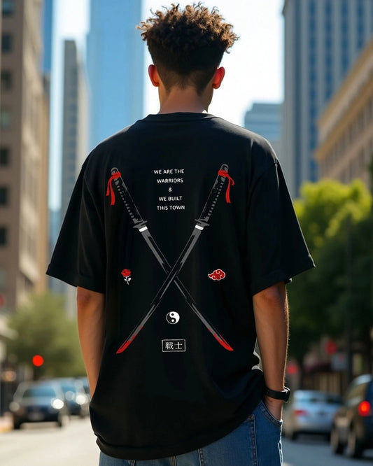 Loose Fit Men’s Oversized T-Shirt Black Warriors Graphic Soft and Breathable