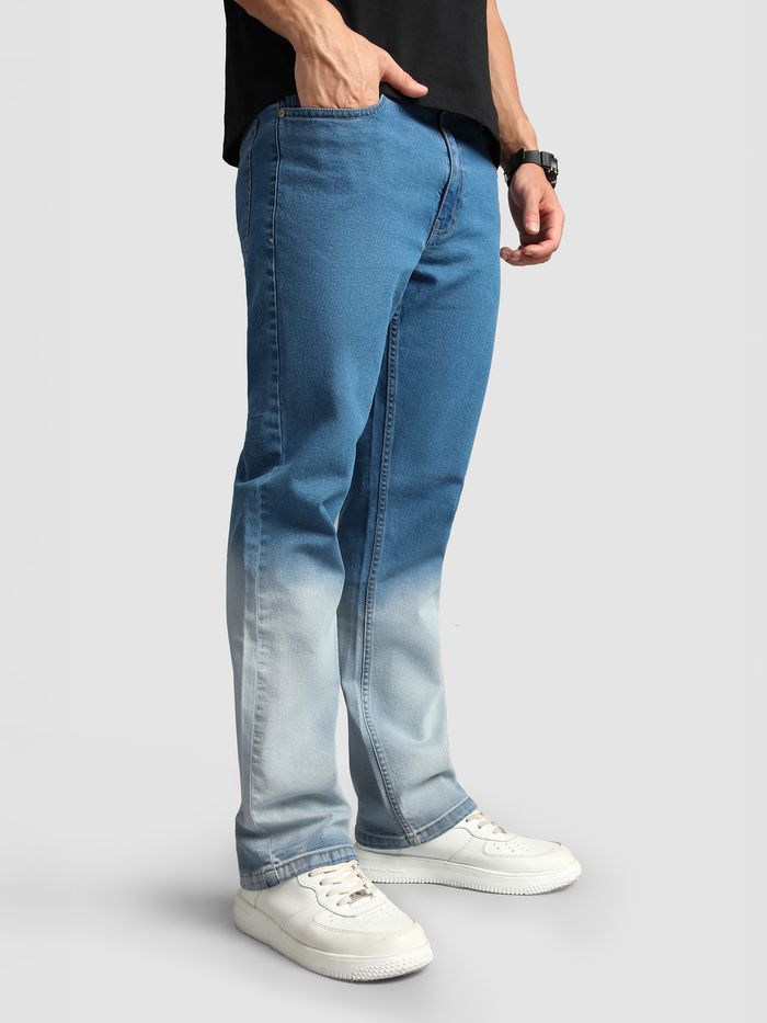 Men’s Mid Blue Ombre Bootcut Jeans Durable Comfortable Denim for Everyday Use