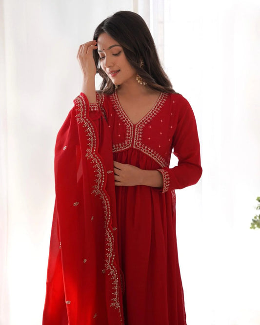 Traditional Red Vichitra Silk Kurta Set with Elegant Embroidery and Matching Chinon Dupatta for Celebrations