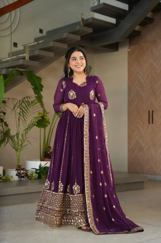 Stylish Purple Faux Georgette Anarkali Gown with Detailed Zari Mirror Embroidery for Festive Events