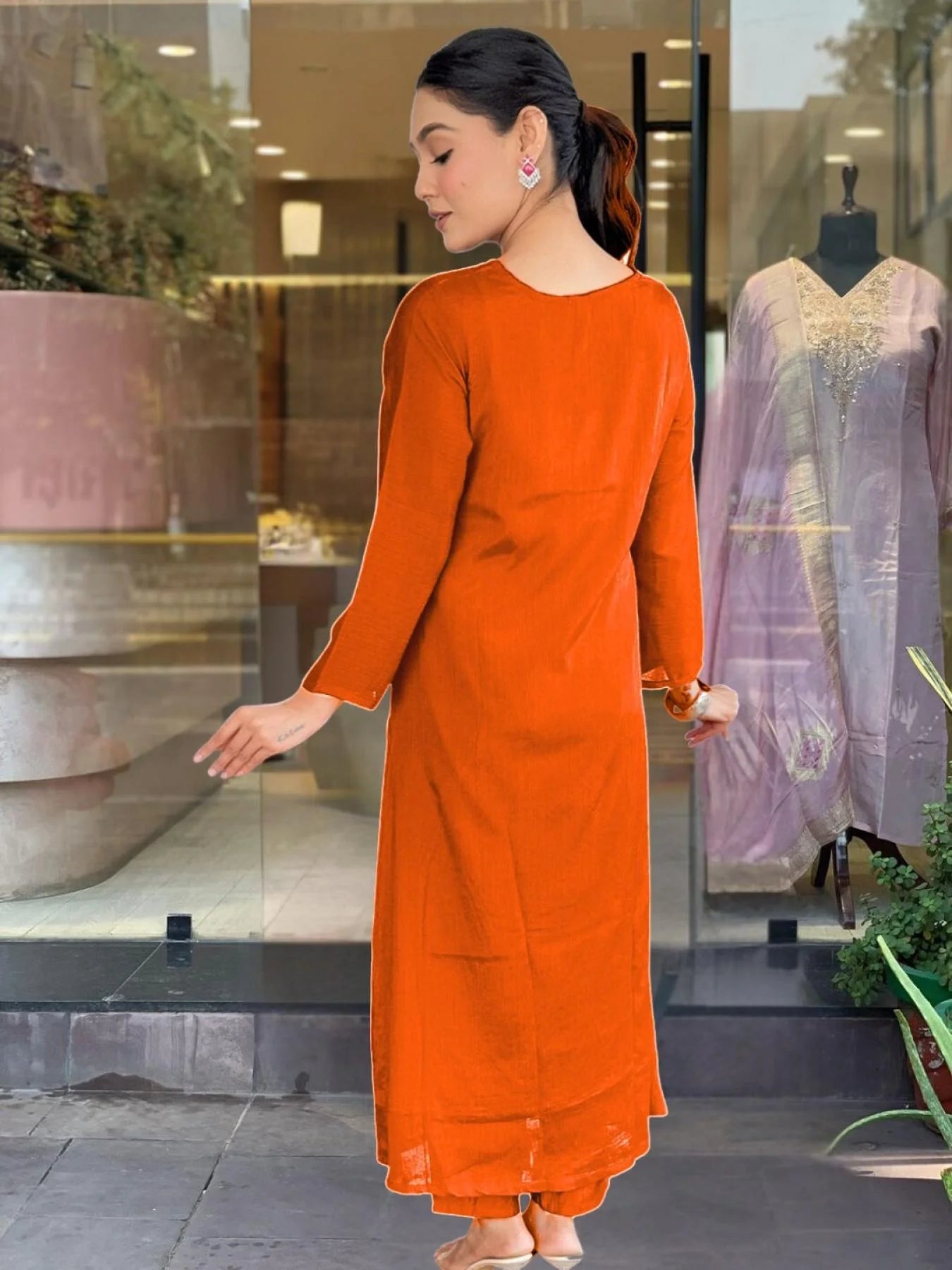 Women’s Orange Silk Chiffon Flared Kurta with Embroidered Detailing, Rayon Pant, and Elegant Dupatta for Special Occasions