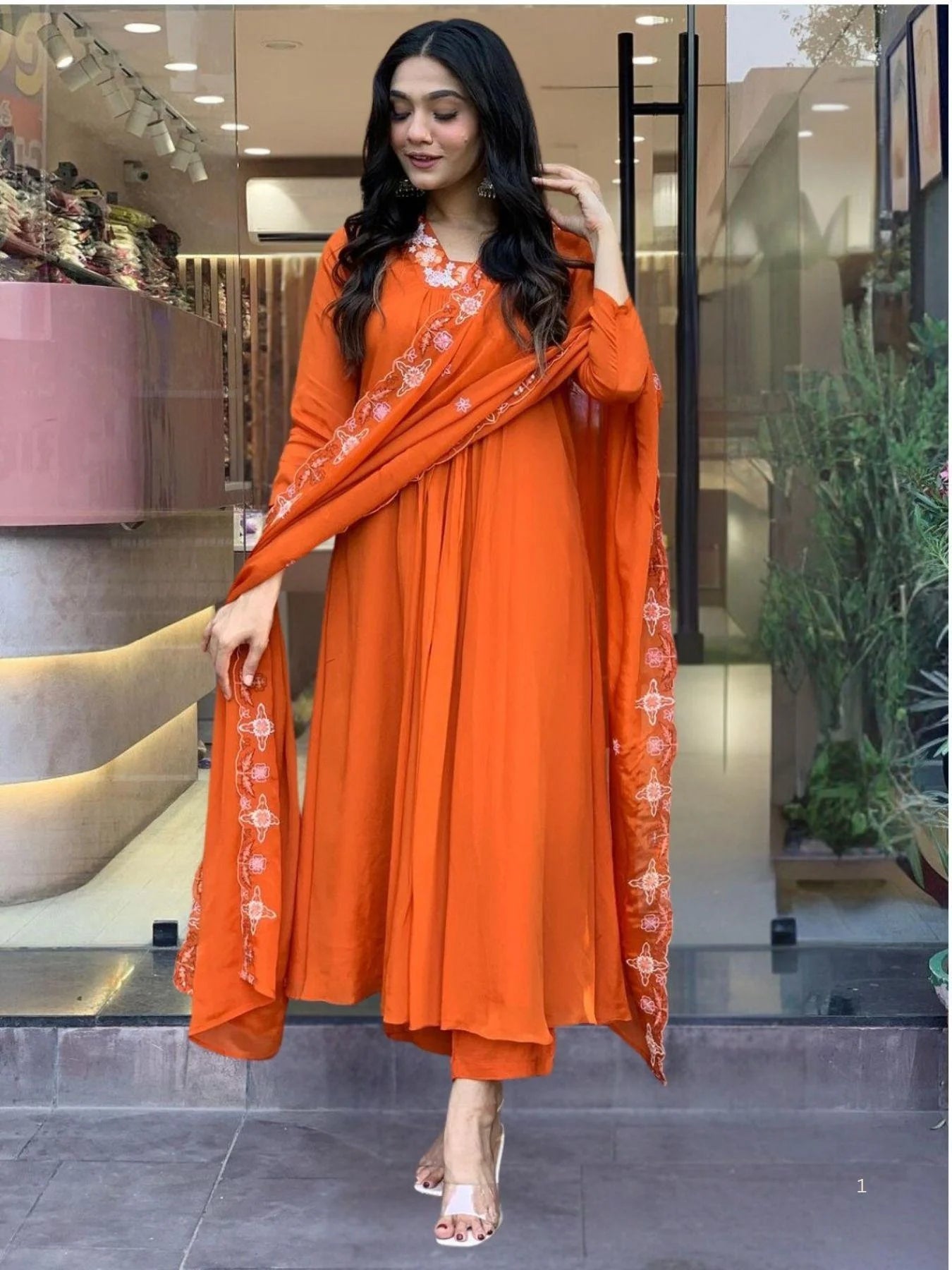 Women’s Orange Silk Chiffon Flared Kurta with Embroidered Detailing, Rayon Pant, and Elegant Dupatta for Special Occasions