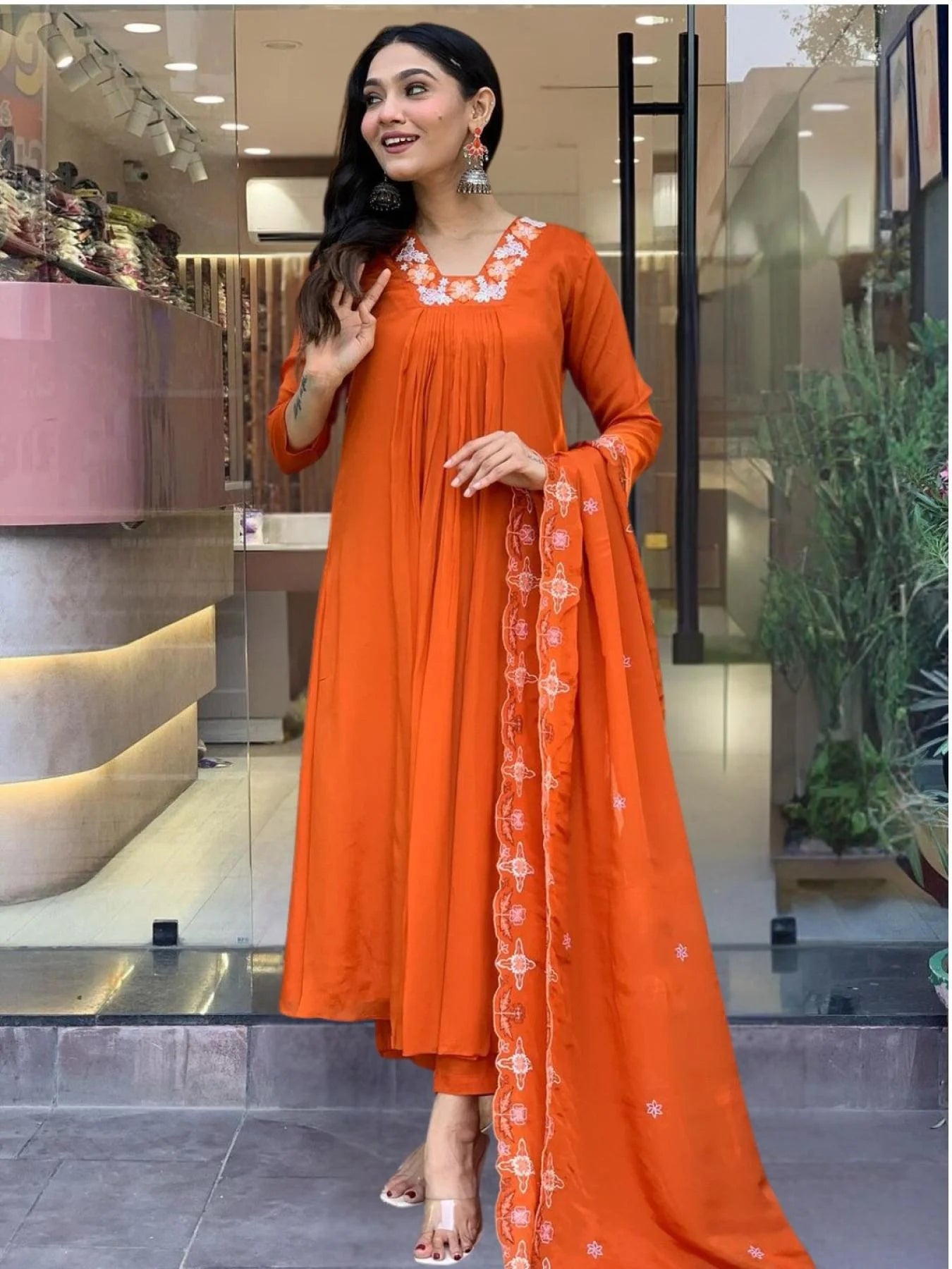 Women’s Orange Silk Chiffon Flared Kurta with Embroidered Detailing, Rayon Pant, and Elegant Dupatta for Special Occasions