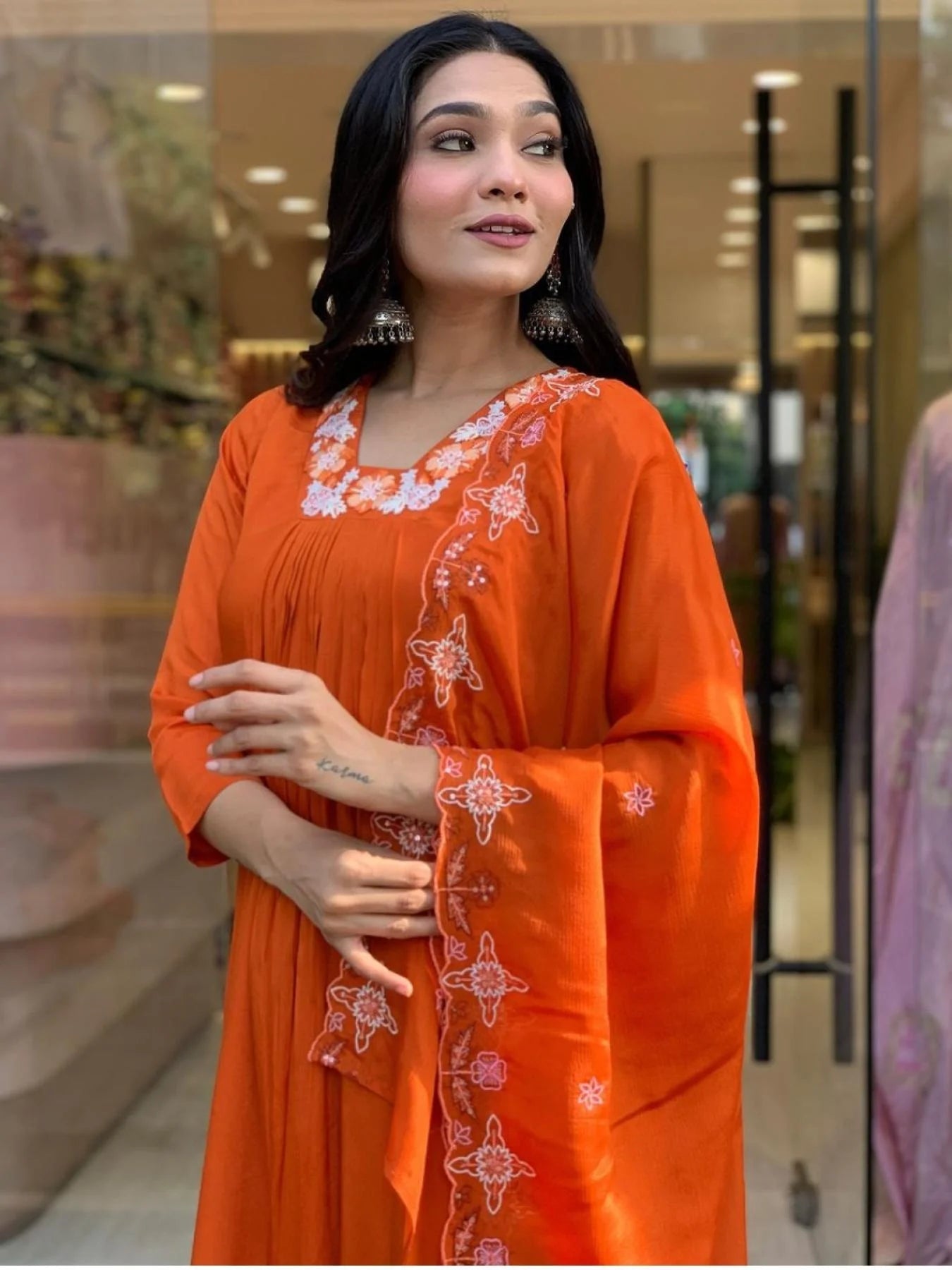 Women’s Orange Silk Chiffon Flared Kurta with Embroidered Detailing, Rayon Pant, and Elegant Dupatta for Special Occasions