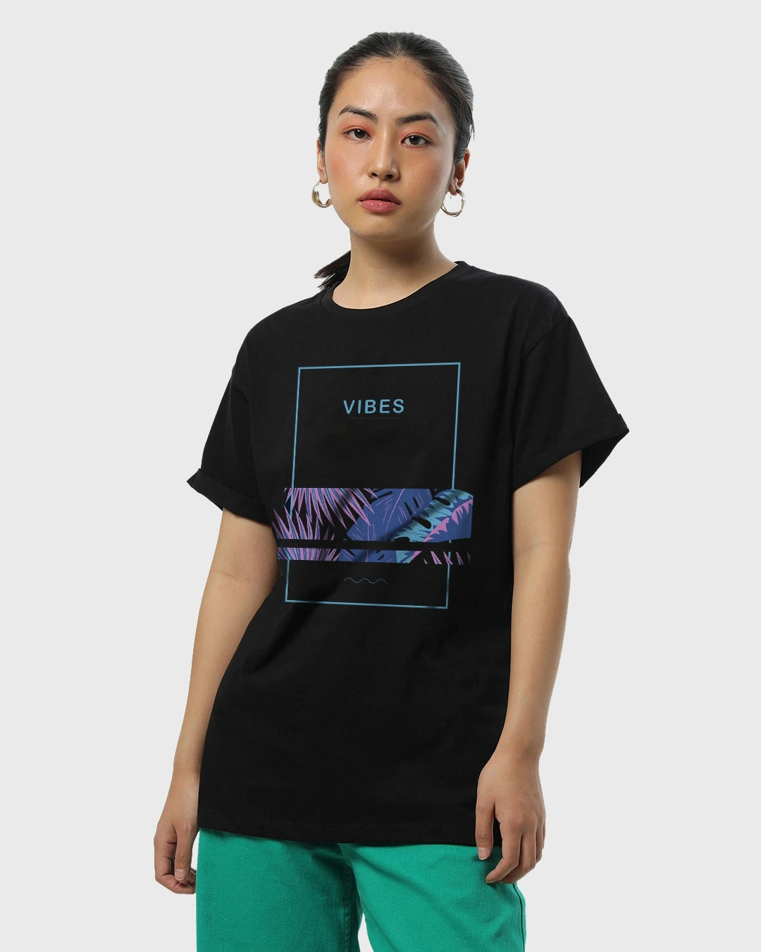 Fashionable Black Boyfriend T-Shirt for Women with Eye-Catching Blue Vibes Graphic Print