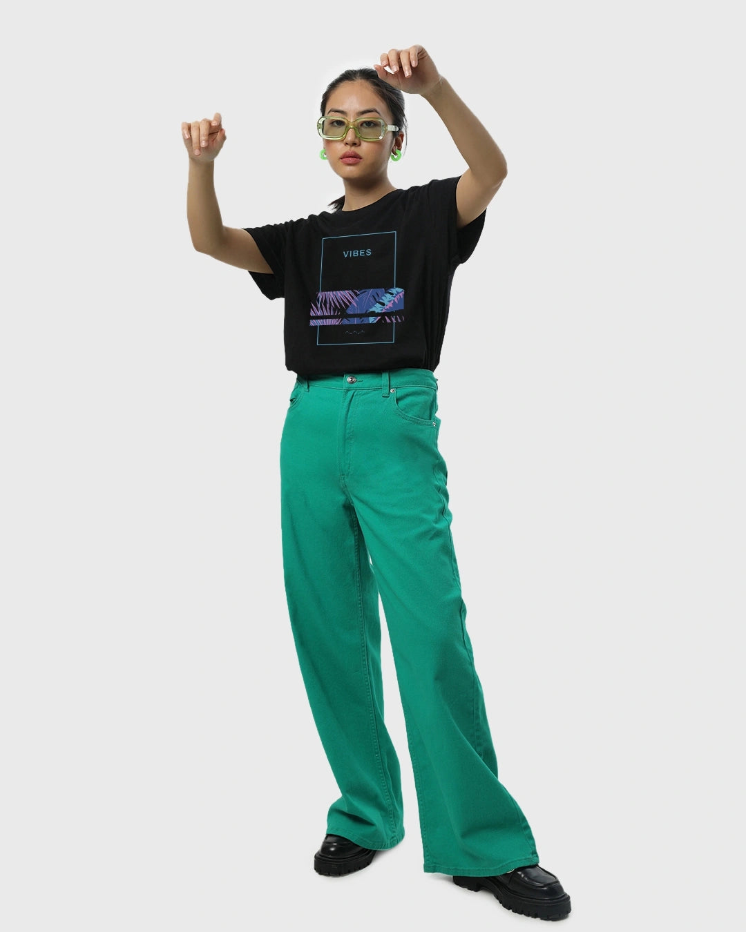 Fashionable Black Boyfriend T-Shirt for Women with Eye-Catching Blue Vibes Graphic Print