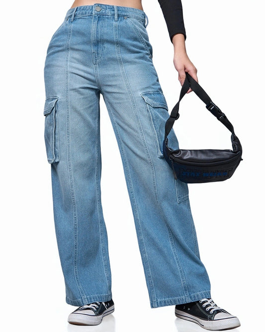 Women’s Washed Blue Cargo Jeans with Streetwear Style